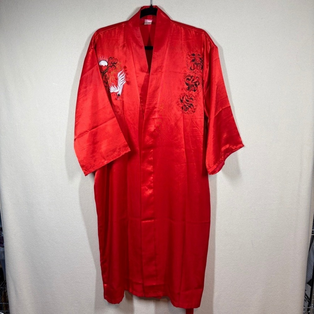 Vtg NK IMODE Red Satin Embroidered Crane Kimono Robe Long Sleeve Belted Red L/XL